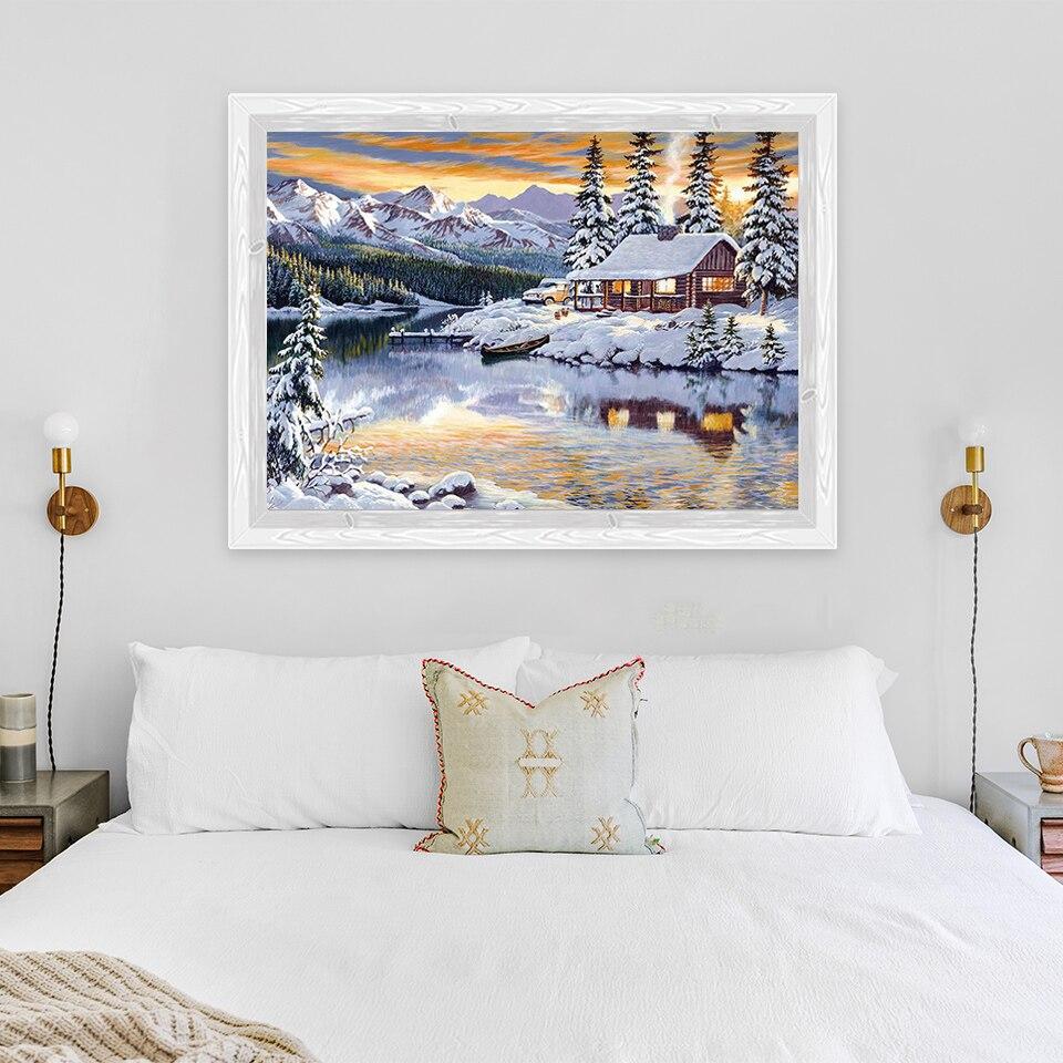 Pictură cu diamant DIY 5D Scenă de zăpadă Broderie cu diamant Peisaj Artizanat cu punct de cruce Burghiu rotund complet Decor pentru casa Cadou manual