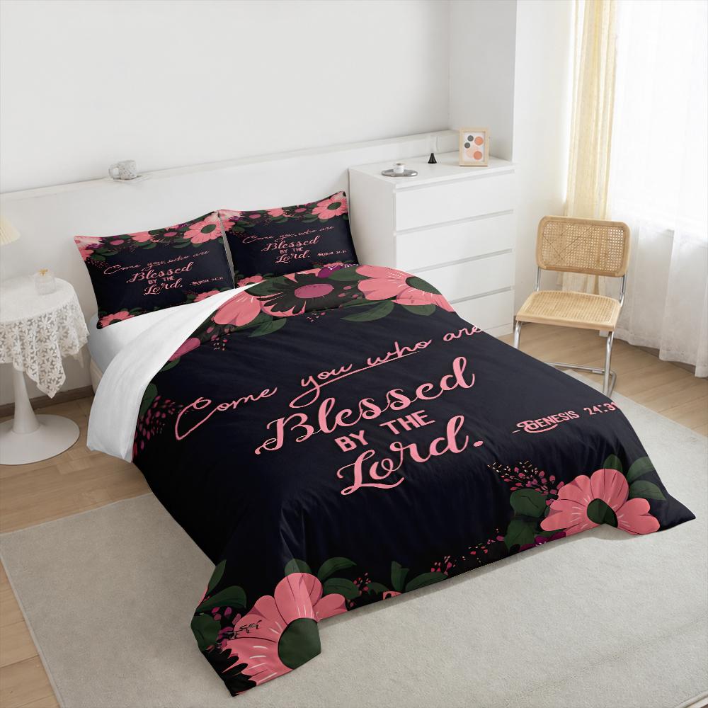 Blessed by the Lord Floral Bedding set (1 duvet cover, 2 pillowcases, duvet not included), Pink Blossom Scripture Genesis Art Print