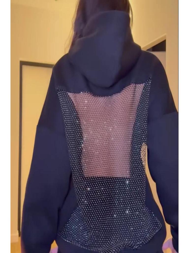 2025 Herbst/Winter Damen Kapuzenpullover mit Netz und Rückenausschnitt, einfarbig