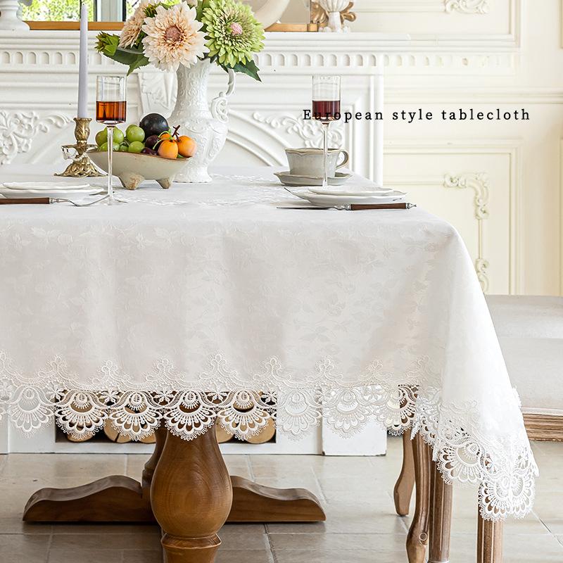 1pc Fall Linen Tablecloths, White Farmhouse Tablecloth with Lace, Vintage Rectangle Tablecloths Suit for Christmas Wedding Party Dining Holidays Decor