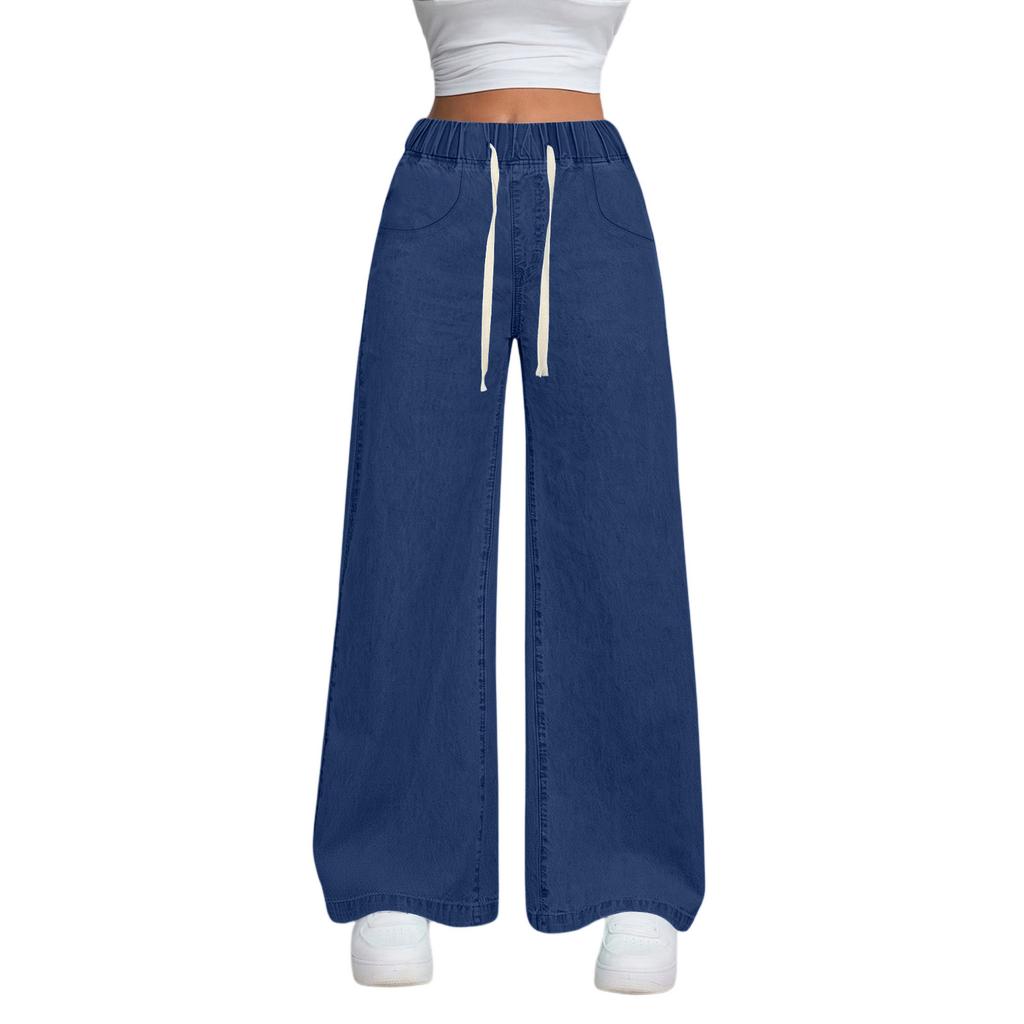 Women's High Waist Drawstring Large Straight Leg Loose Casual Trousers Jeans