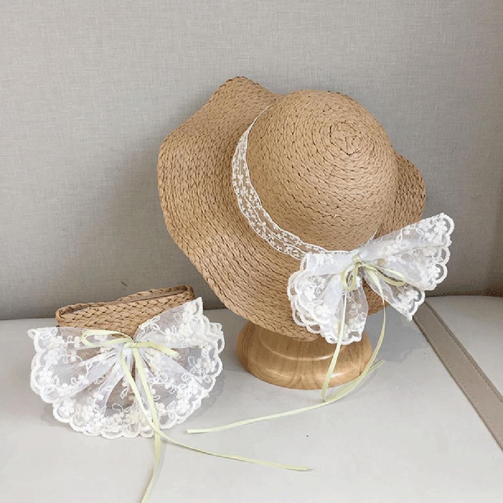 Ribbon Bowknot Straw Sun Hat Sweet Woven Handbag Cute Girls Bucket Hat  Baby