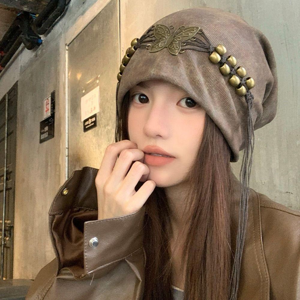 Tassels Beaded Butterfly Hat Weave Knitted Tie-dye Hat Wasteland Pullover Cap  Apparel Accessories