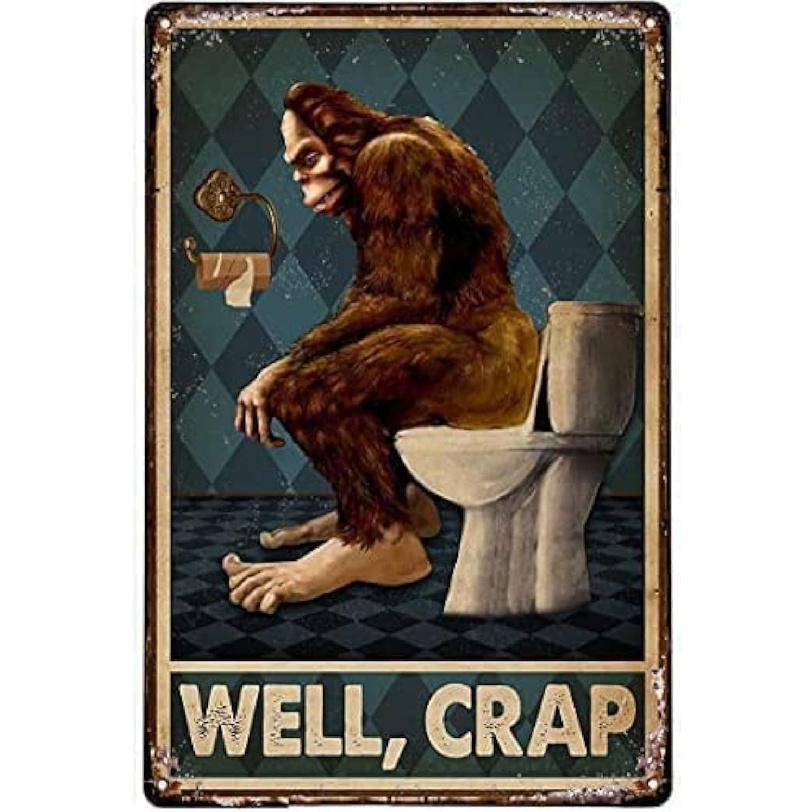 Flyhaw Retro Bigfoot Sign Well Crap Metal Tin Sign Vintage Toilet Wall Decor Funny Bathroom Decor For Toilet Bathroom Bigfoot Gifts 8x12 Inch
