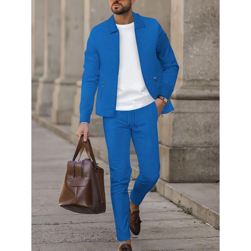 Mens 2-Piece Casual Set Waffle Knit Zip-Up Collar Jacket 2026