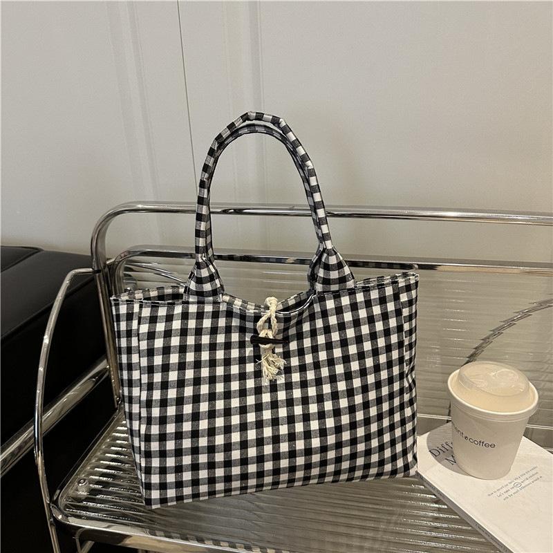 Large Capacity Plaid Canvas Tote Bag Women's Korean Version Versatile Casual Portable Shoulder Bag Light Fashion Armpit Bag