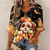 Women's Halloween Print Three-Quarter Sleeve Round Neck Blouse with Tie Front and Ruffle Hem