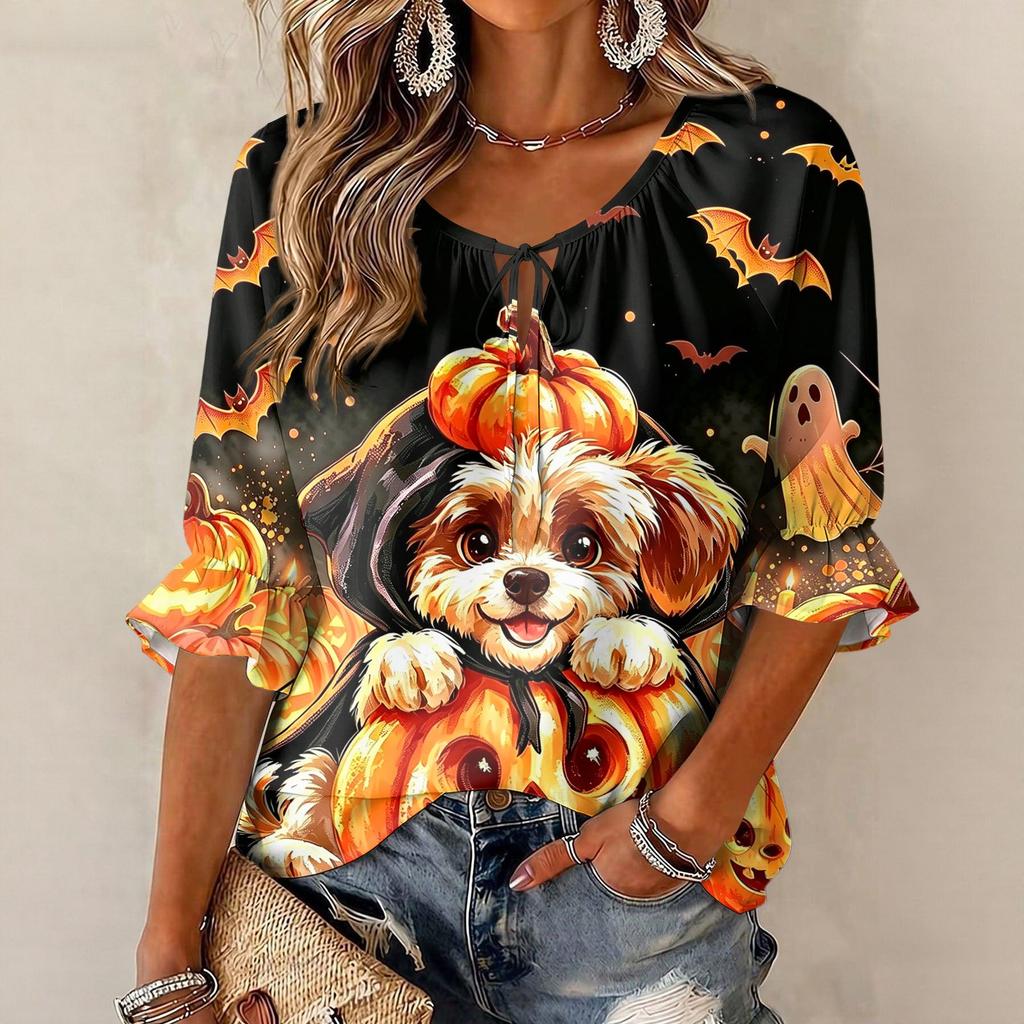 Women's Halloween Print Three-Quarter Sleeve Round Neck Blouse with Tie Front and Ruffle Hem