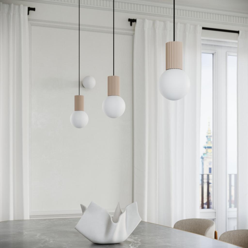 Lampa Wisząca Nowoczesna Okrągła Potrójna Taupe Ryflowana Szklane Białe Kule Do Salonu Jadalni Nad Stół 3Xg9 8W Halo Sollux Lighting