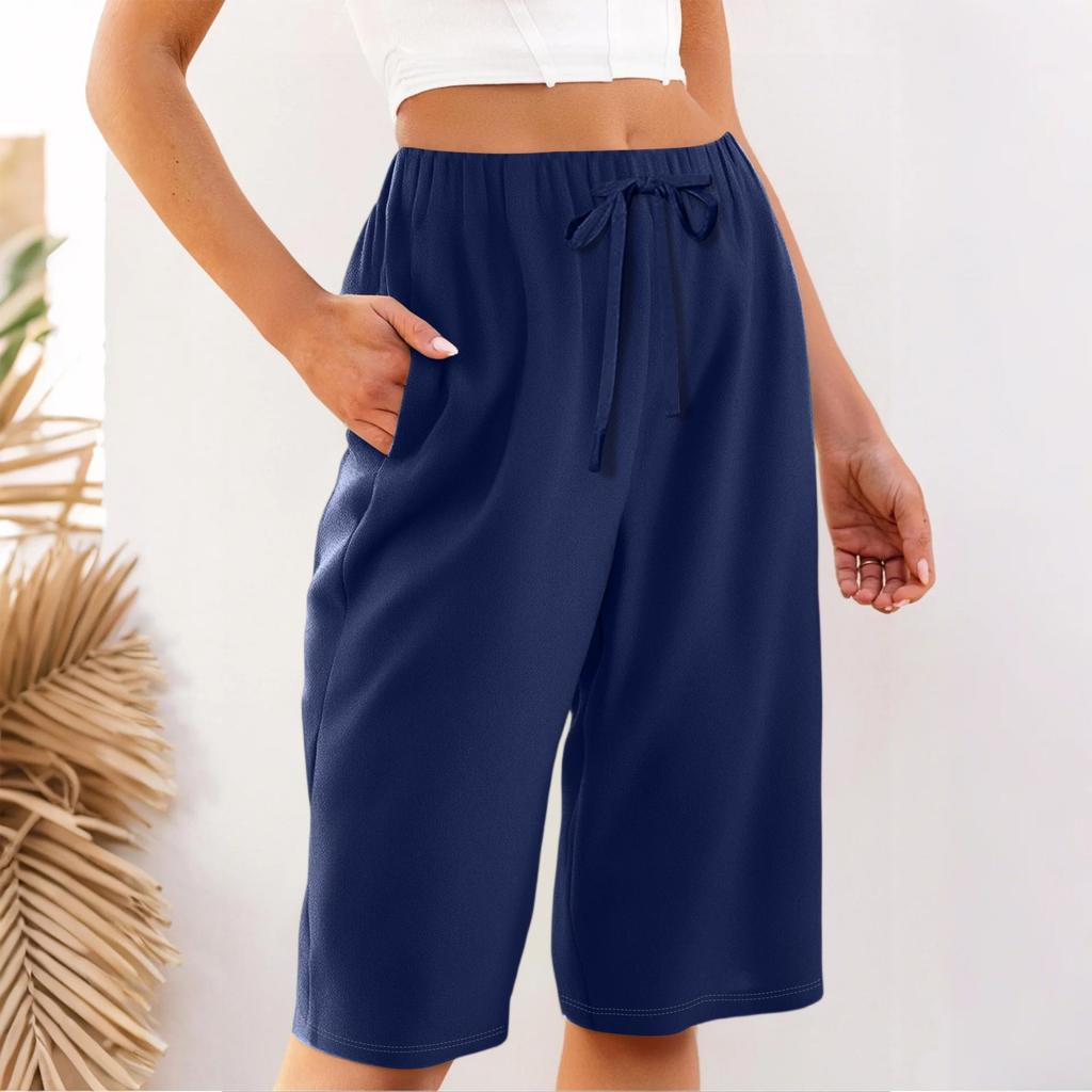 Women's Summer Elasticated Tie Waist Solid Colour Cotton & Linen Loose Shorts