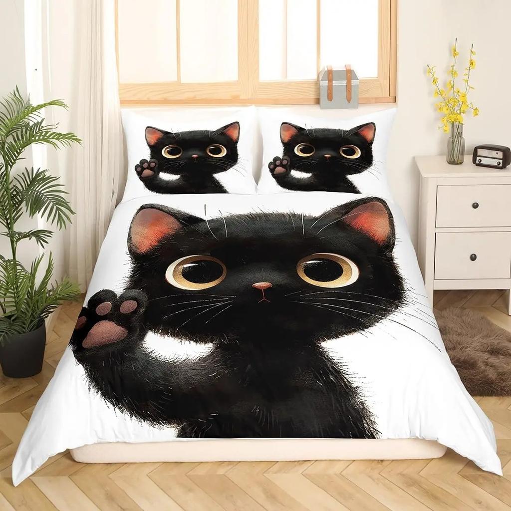 Cartoon Black Cat Duvet Cover Watercolor Flower Bedding Set Pet Animals Botanical Comforter Cover Romantic Rustic Quilt Cover