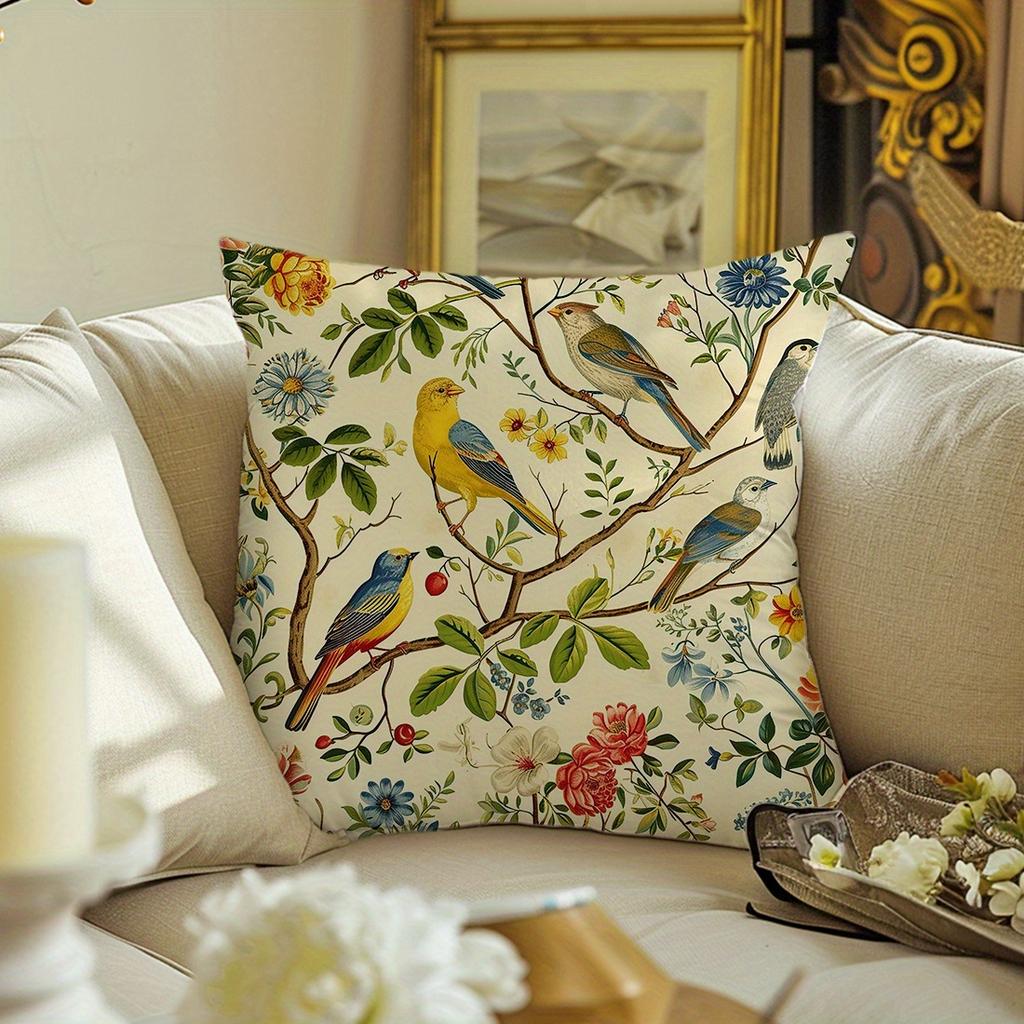 1pc Vibrant Bird Floral Print Illustration Throw Pillow Cover Decorative Pillow Covers for Living Room Bedroom Home Party Decor