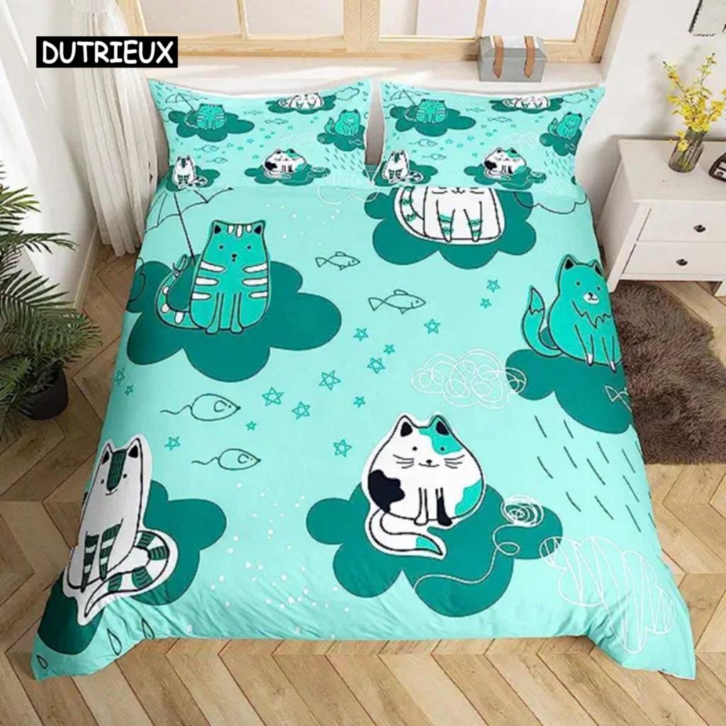 Cartoon Cats Green Duvet Cover Cute Cartoon Cats Pet Bedspread Printed Duvet Cover Set for Boys Girls for Room Decoration Gifts