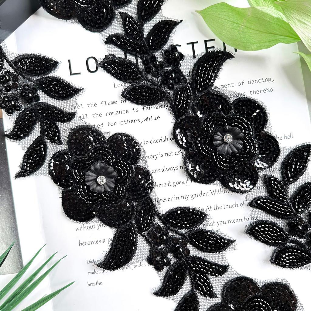 Black And White Two-Color Beaded Sequins Three-Dimensional Flower Mesh Accessories Barcode Clothing Dress Luggage Decoration Lace Accessories