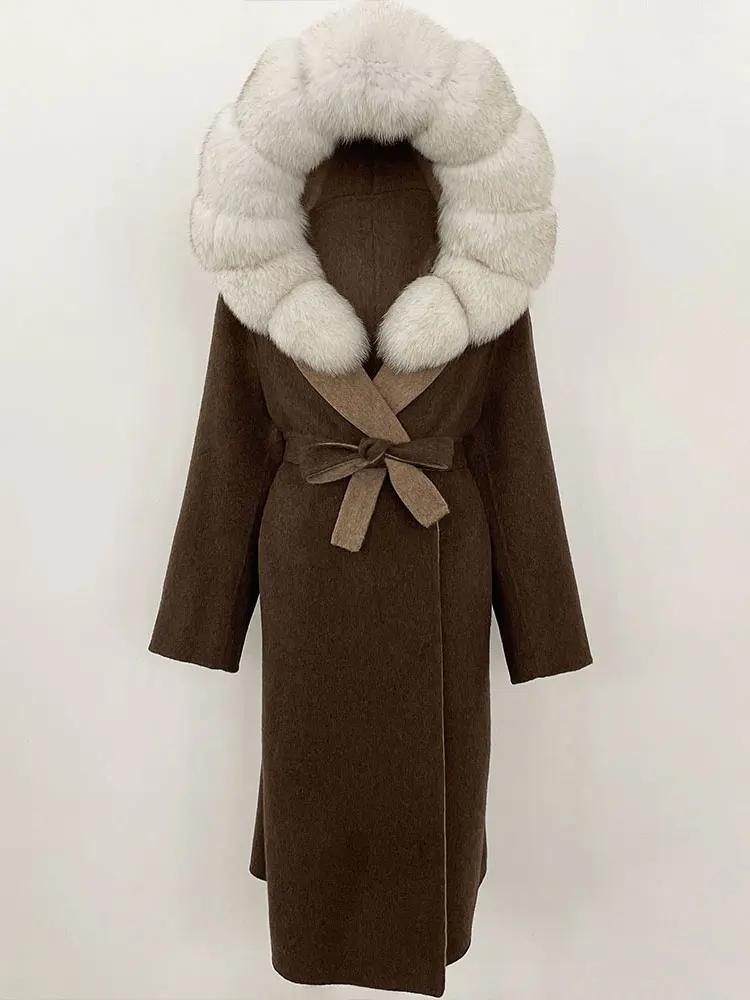 OFTBUY Winter Women Coat Real Natural Fox Fur Hooded Detachable Collar Double-faced Woolen Jacket Long Casual Elegant Overwears