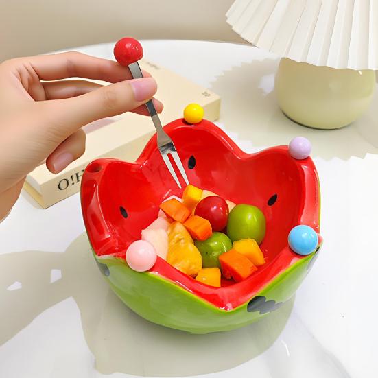 1 Set Watermelon Shape Fruit Bowl with Forks Cute Ceramic Dessert Fruit Serving Dish for Home Kitchen Dishwasher Safe Snack Bowl