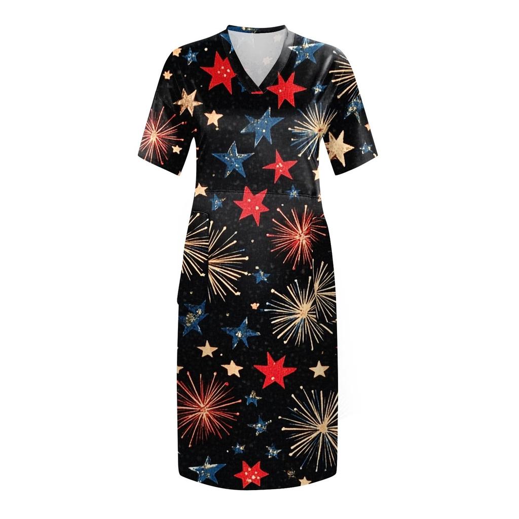 Summer Plus Size V Neck Short Sleeve Knee Pocket Gradient Print Casual Dress For Women