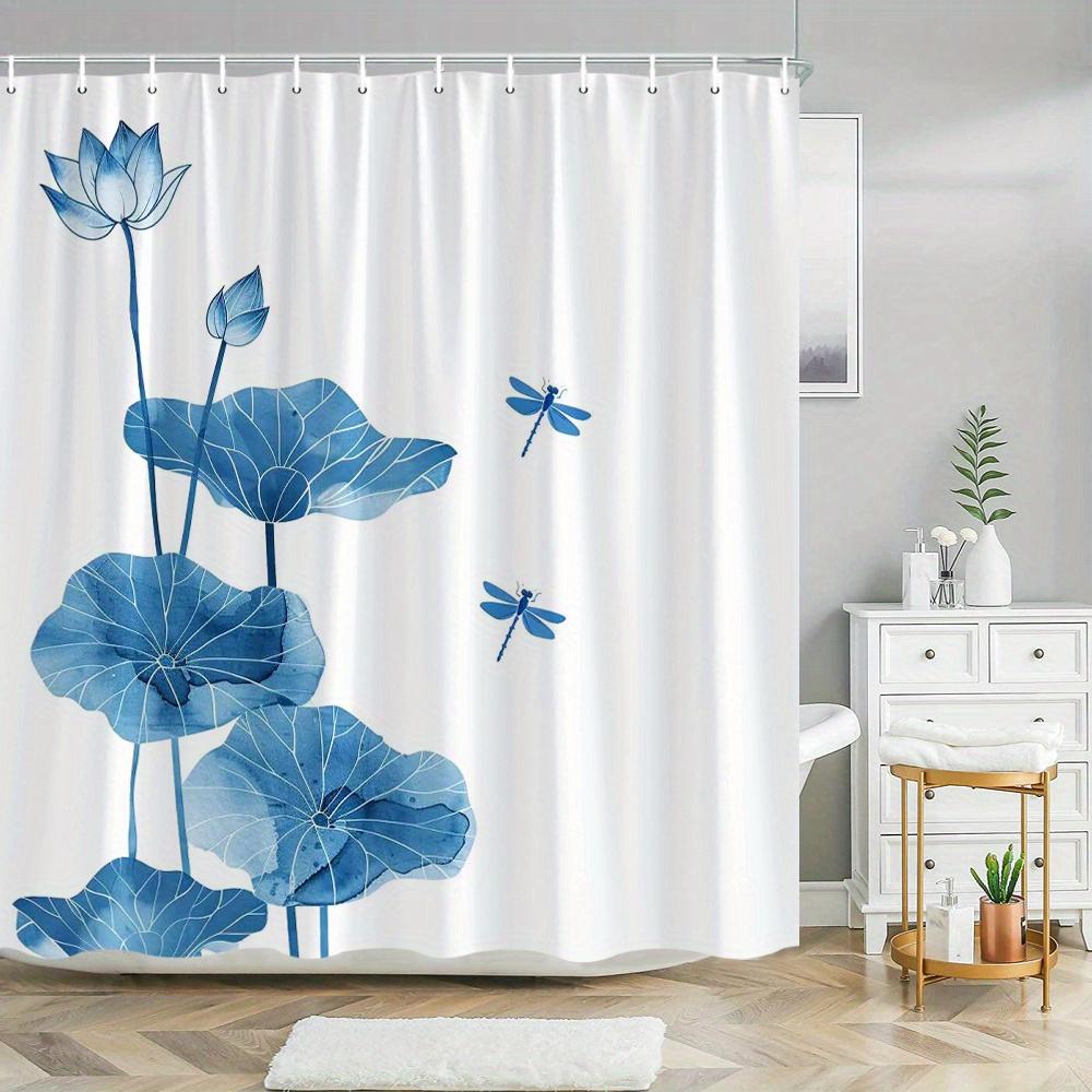 1pc Large Blue for Lotus & Dragonflies Shower Curtain - Elegant Bathroom Window Divider with 12 Hooks, High Quality Polyester