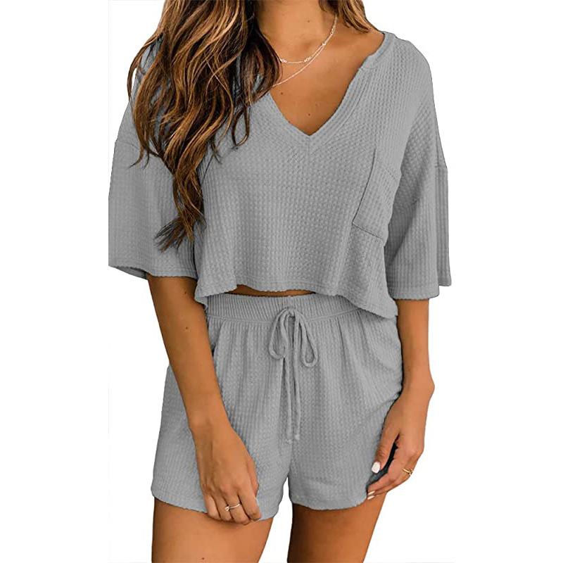 Spring and Summer Waffle Short Sleeve V-Neck Top Shorts Home Two Piece Set