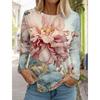 Women's Printed Flower T-shirt Fashion Long Sleeved Round Neck Regular Tops Spring and Autumn Wear