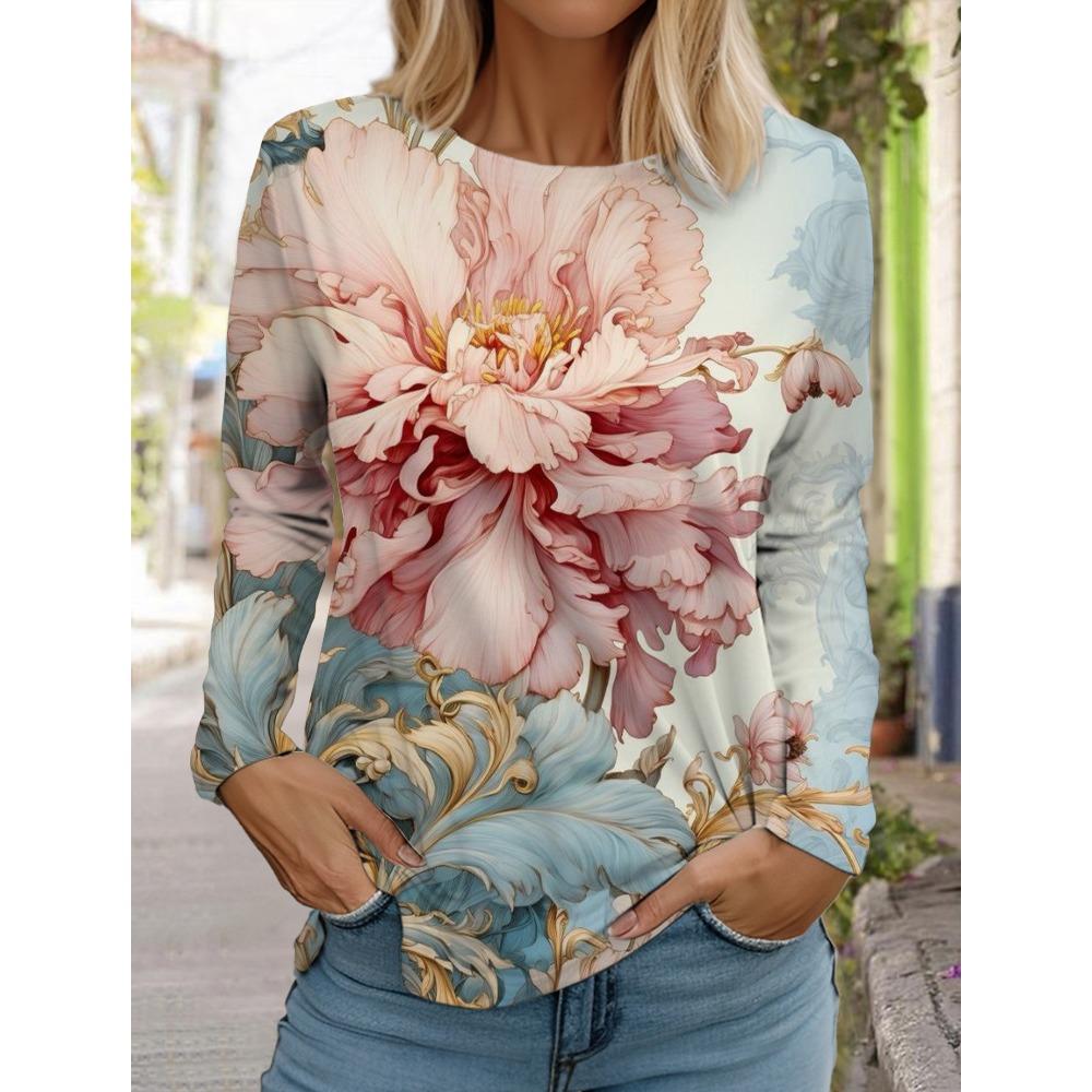 Women's Printed Flower T-shirt Fashion Long Sleeved Round Neck Regular Tops Spring and Autumn Wear