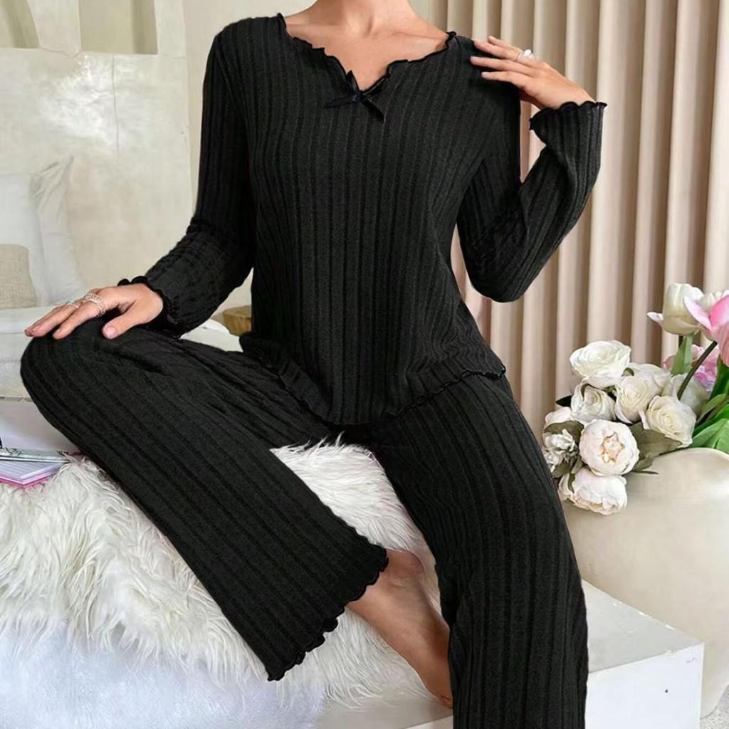 European & American Style Ribbed Black-Edged Bow Casual Home Set