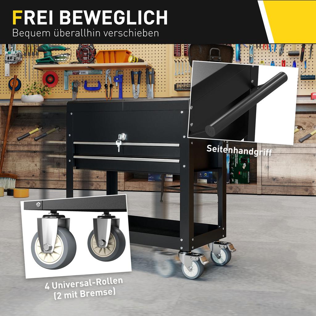Rolling Tool Cabinet, Tool Chest with Drawers, Work Surface, Lockable, with Handle, Steel, Black