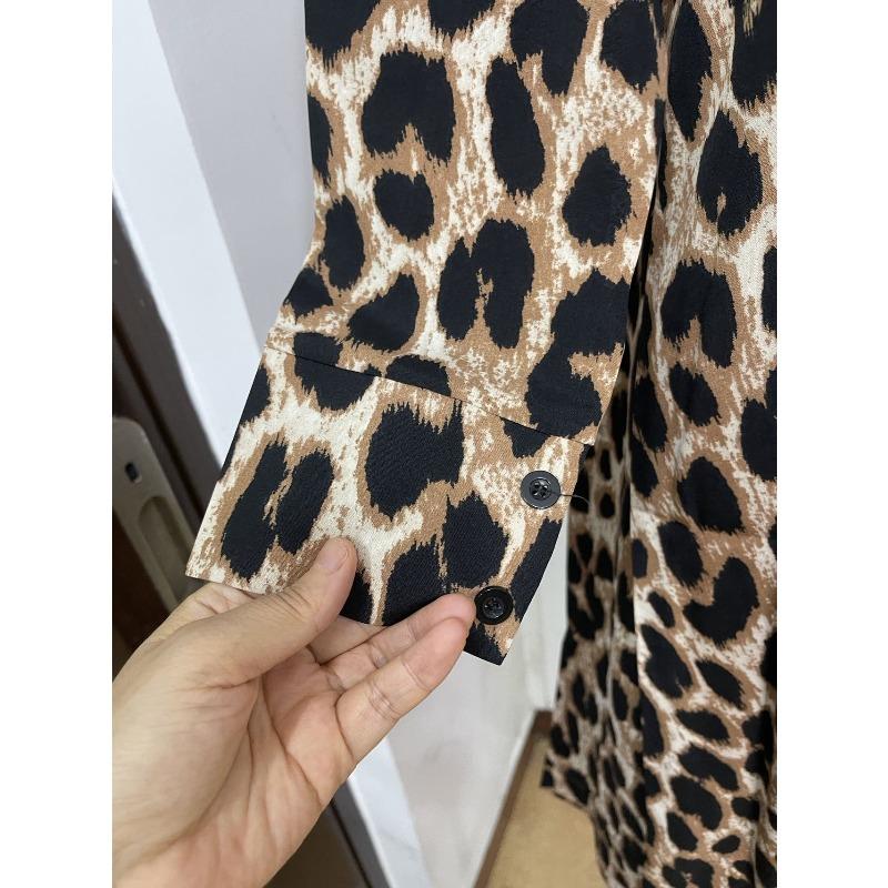 Women's Leopard Print Dress Spring Long Sleeve Lapel Lace-up Button Up Loose Casual Sexy Dress Women Summer Elegant A Line Office Ladies Long Dresses