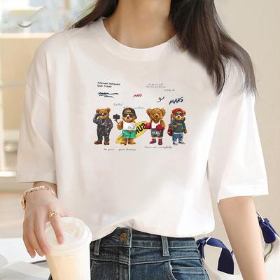 Baumwolle 2024 Sommer Niedlicher Bär Kurzarm T-Shirt Damen Street Vintage Süß Halber Ärmel Studentenoberteil im y2k Oberteil T-Shirt