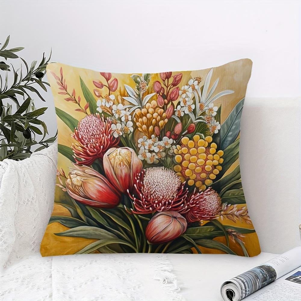 1Pc Protea Flower Bouquet Pillowcase Vibrant Floral Art Print Cushion Cover For Living Room Sofa Chair Home Decor
