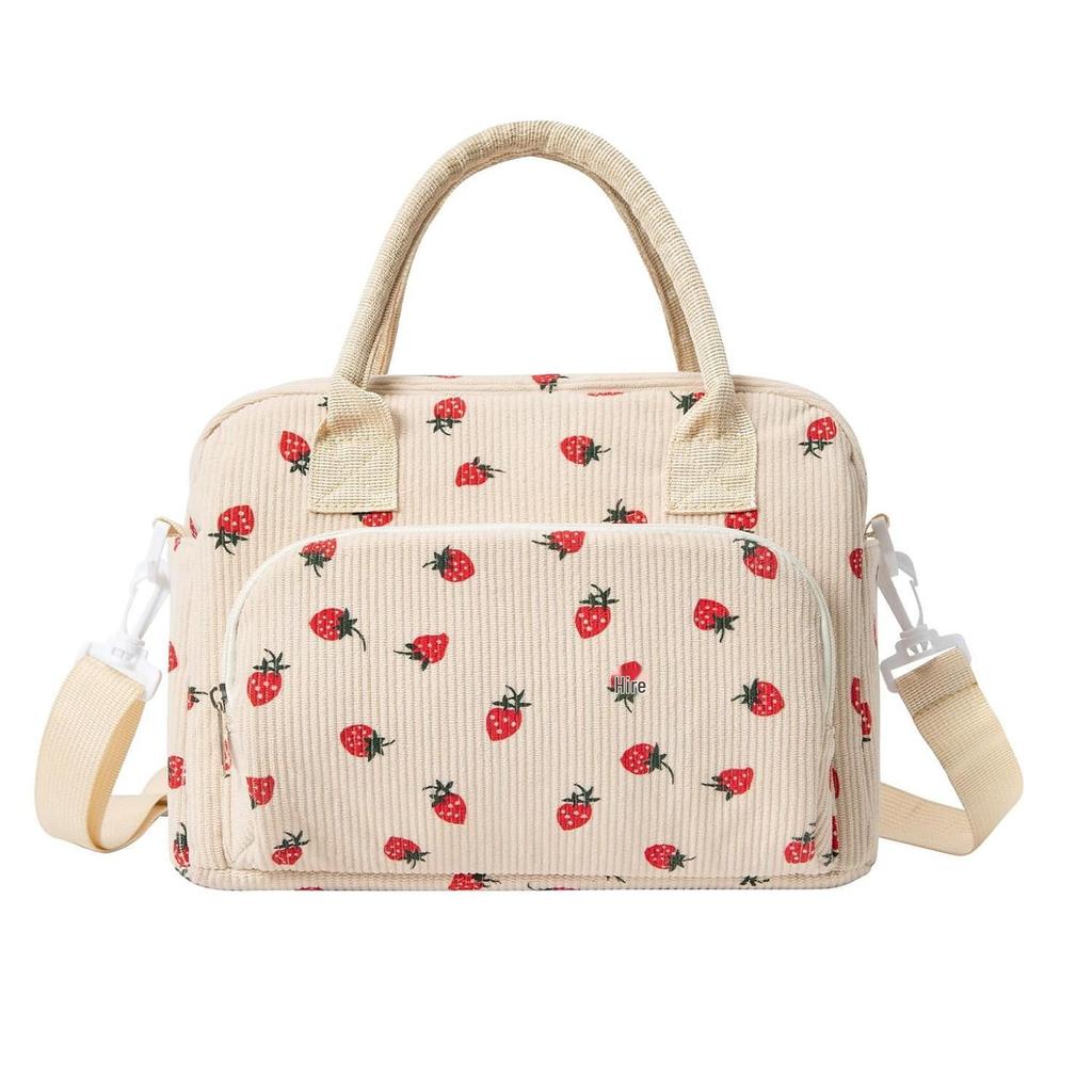Strawberry Corduroy Insulated Waterproof Lunch Bag - Large Capacity Picnic Handbag