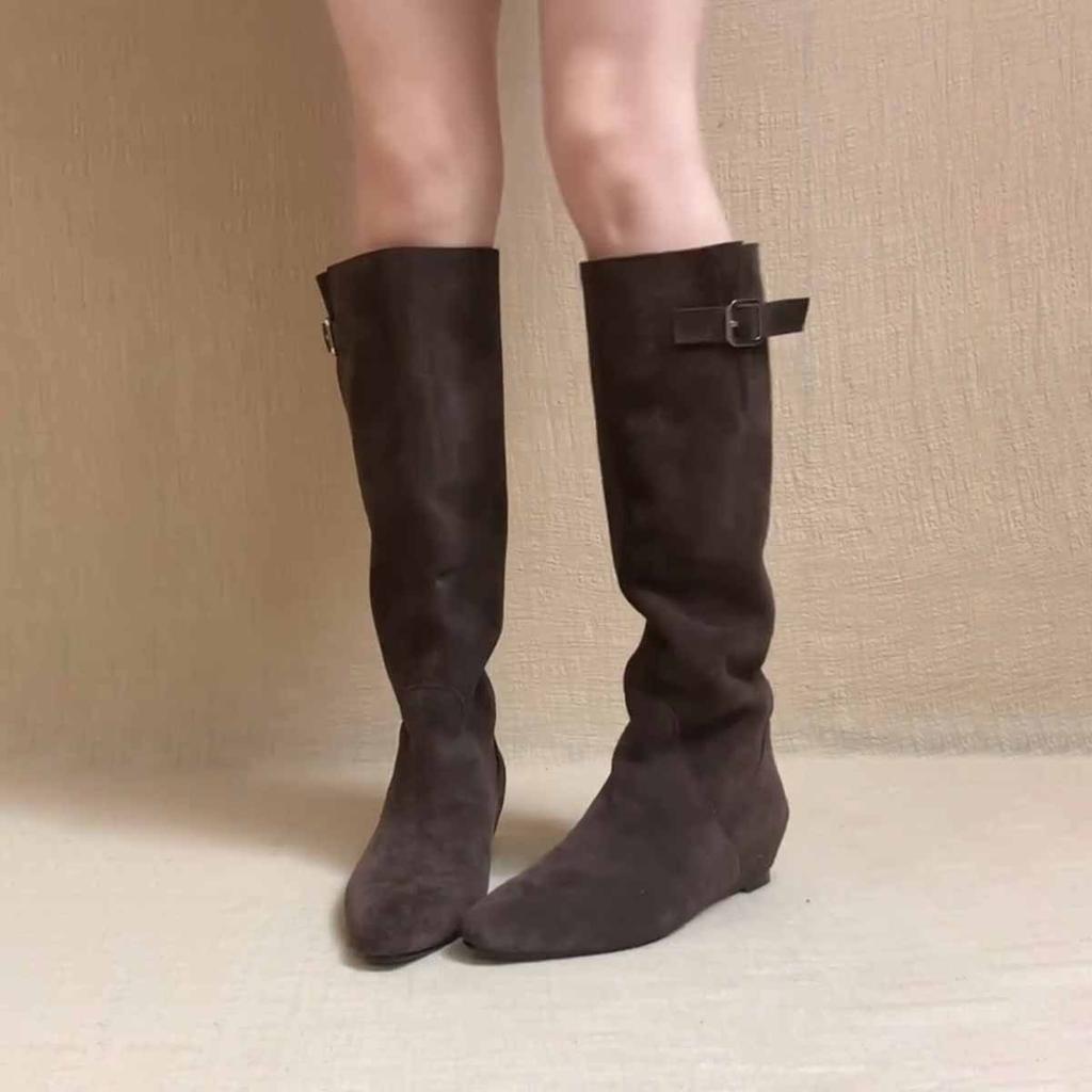 Retro Brown Inner Height Increase Matte Leather Knight Boots Women's 2025 New Belt Buckle But Knee Folds Two Wear Boots