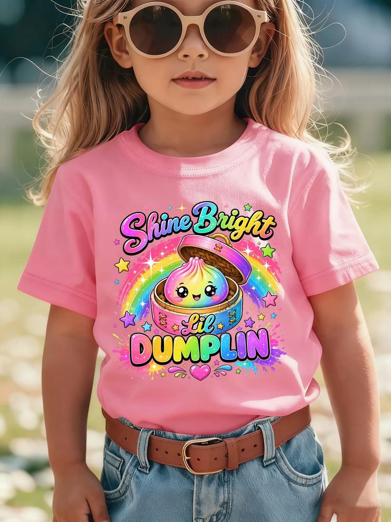 Rainbow Glitter Cute Dumpling Slogan Print Family Matching Cotton Tees Short Sleeve Tops For Mom Dad Boys Girls Daily Wear