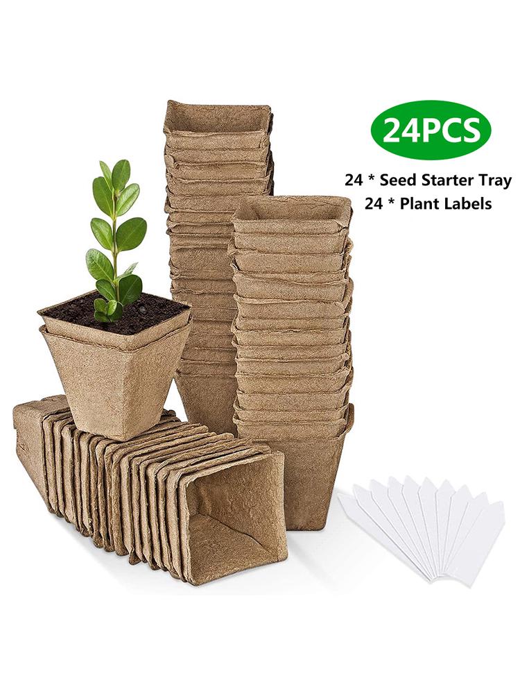 24pcs Square Peat Plant Starters Cups Nursery Herb Tray Garden