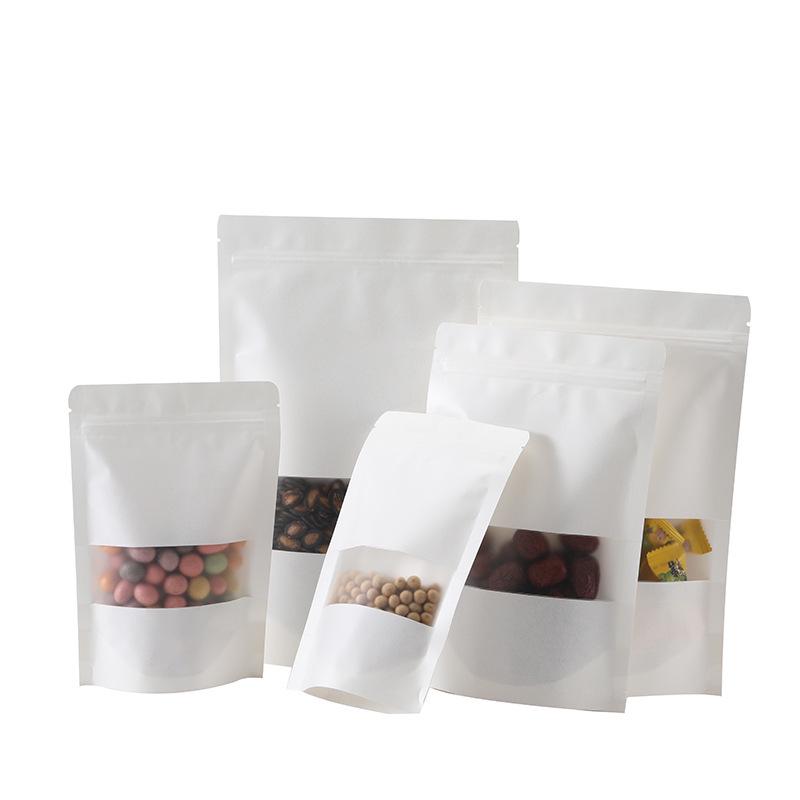 White Kraft Self-Sealing Stand-Up Pouch with Frosted Window for Nuts and Dried Fruits