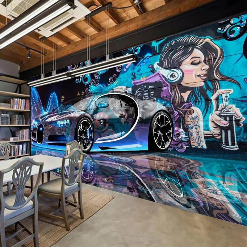 Modern Creative Street Graffiti Wall Mural Sports Car Wallpaper Restaurant Clubs Ktv Bar 3d Wall Paper