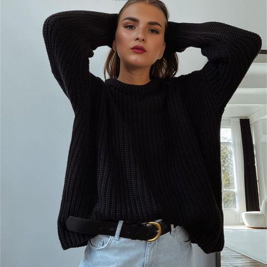 Women Pullover Sweater Round Neck Long Sleeve Elastic Fabric Knitting Tops Solid Color Loose Fit Sweater Tops