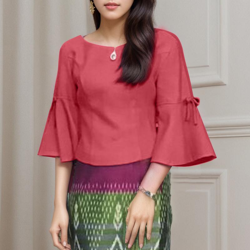 ZANZEA Women Casual Round Neck Solid Color 3/4 Sleeve Blouse