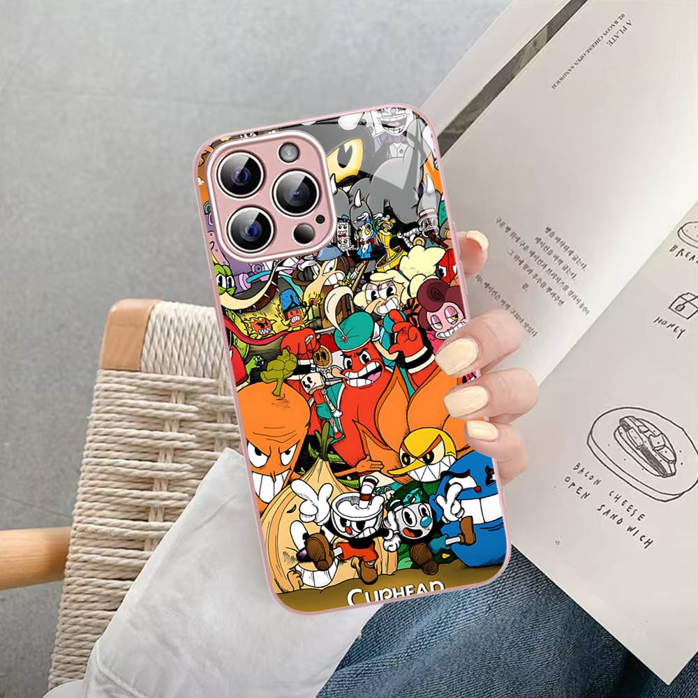 Anime Cuphead Cartoon For IPhone 14 13 12 Mini 11 Pro XS Max X XR 14 Plus Tempered Glass Cover