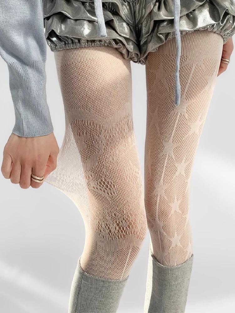 

High Street New Designer Socks Punk Gothic Nylon Sexy Fishnet Stockings Mesh Hollowed Out Tights Women AB-style Stars Pantyhose One Size белый