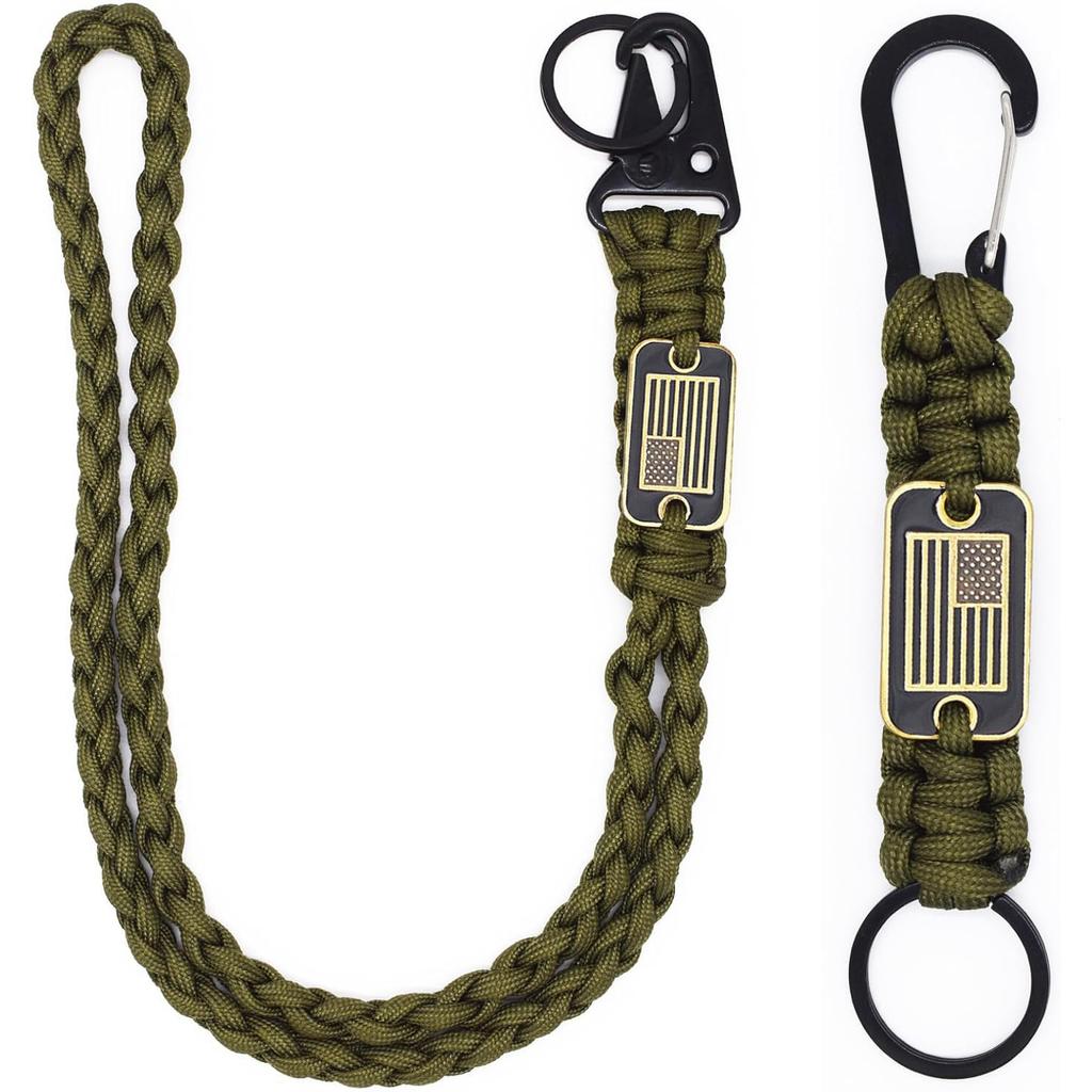 2 Pcs Heavy Duty Paracord Lanyard Necklace 550 Braided Keychain with USA Flag Parachute Rope for Outdoor Camping Hiking Keys