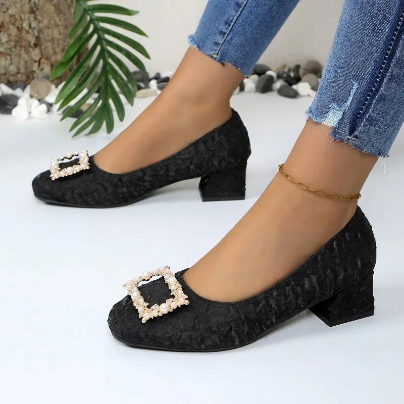 Ladies Shoes  Brand Slip On Women's High Heels Plus Size Dress Pumps Women Pearl Square Button Shallow Low Heel Shoes Women