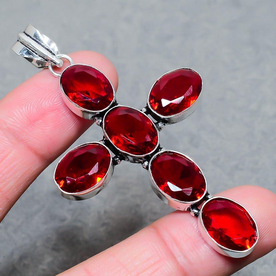 Lab Created Mozambique Garnet Cross Pendant 3.2" Silver Tone Oval Cut Gemstone