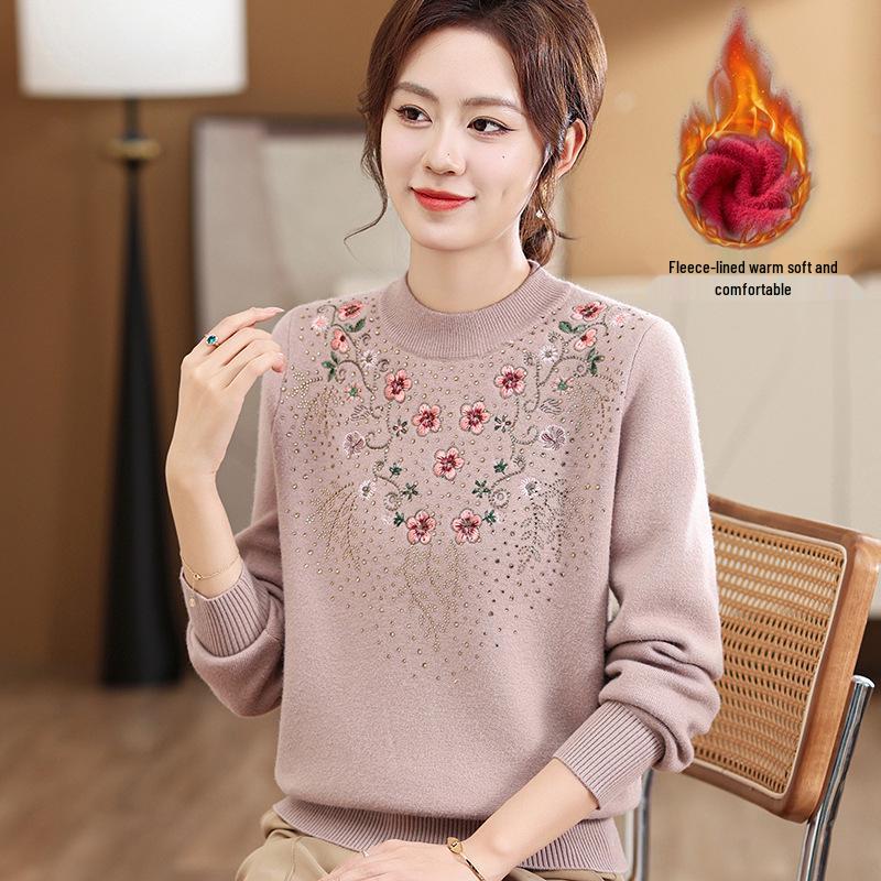Middle-aged Women's Plus Velvet Knitted Sweater - Winter Base Shirt for Autumn & Winter