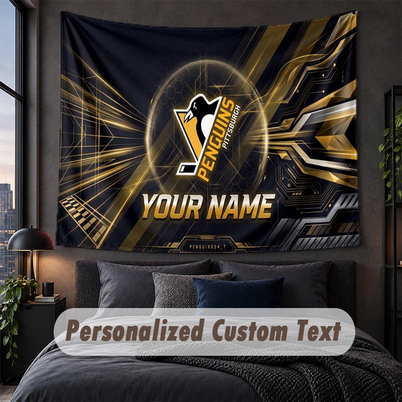 Custom Name Text Tapestry,Pittsburgh Penguins Decorative Wall Hanging, Background Tapestry For Home Bedroom