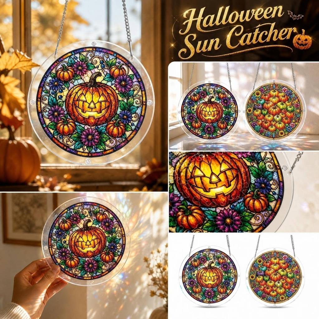 Acrylic Halloween Suncatcher Puzzle - Flat Pumpkin for Window Decor