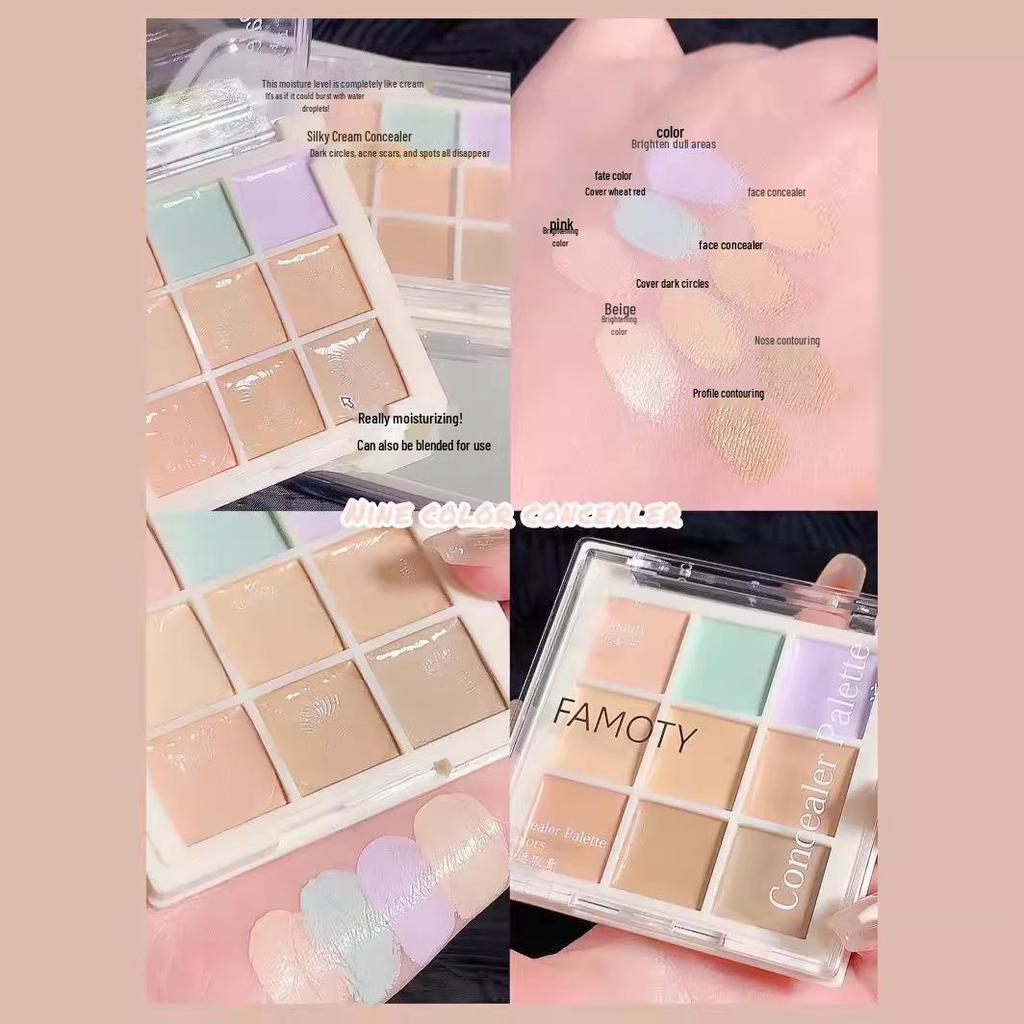FAMOTY Nine-Color Concealer Palette for Blemishes, Acne Marks, Dark Circles, Tear Troughs, Brightening, and Long-Lasting Coverage.