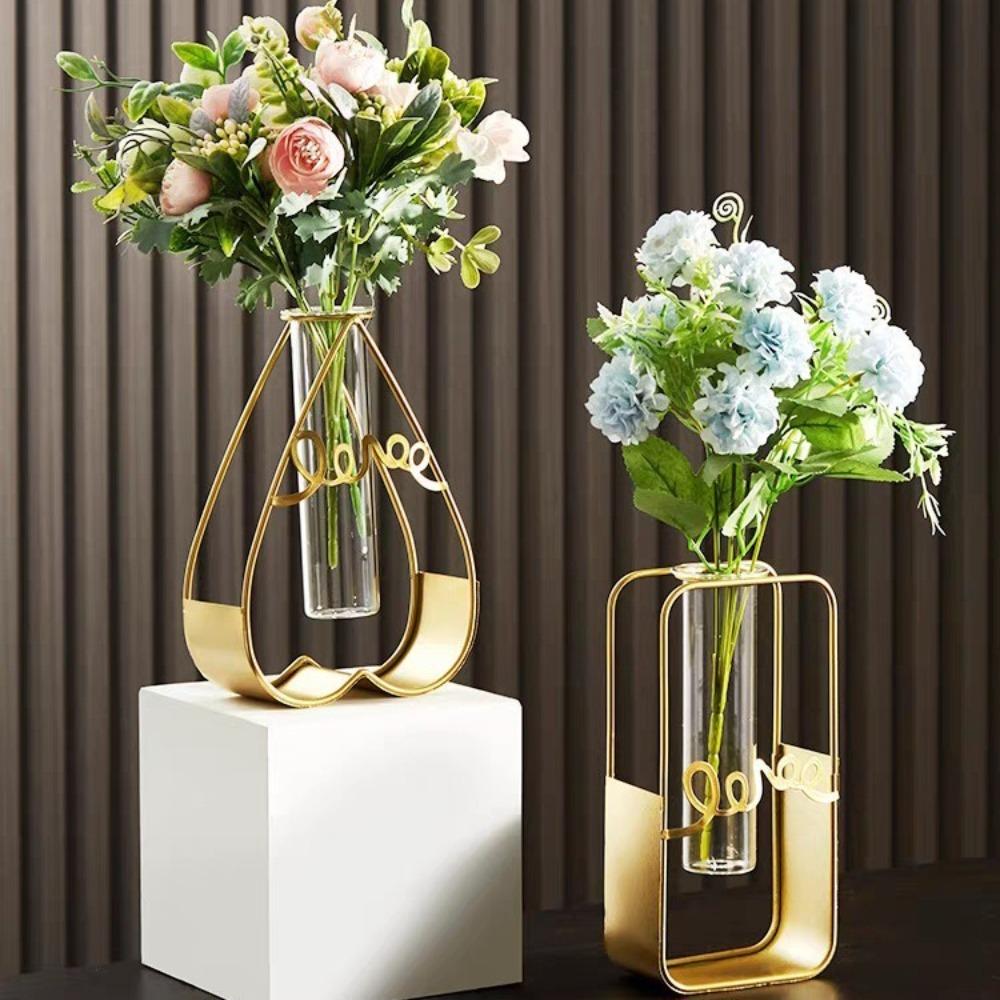 2025 Pentagram Heart Hydroponic Vase Home Decoration Tabletop Ornament Glass Test Tube Nordic Style Triangle Rectangle Iron Art