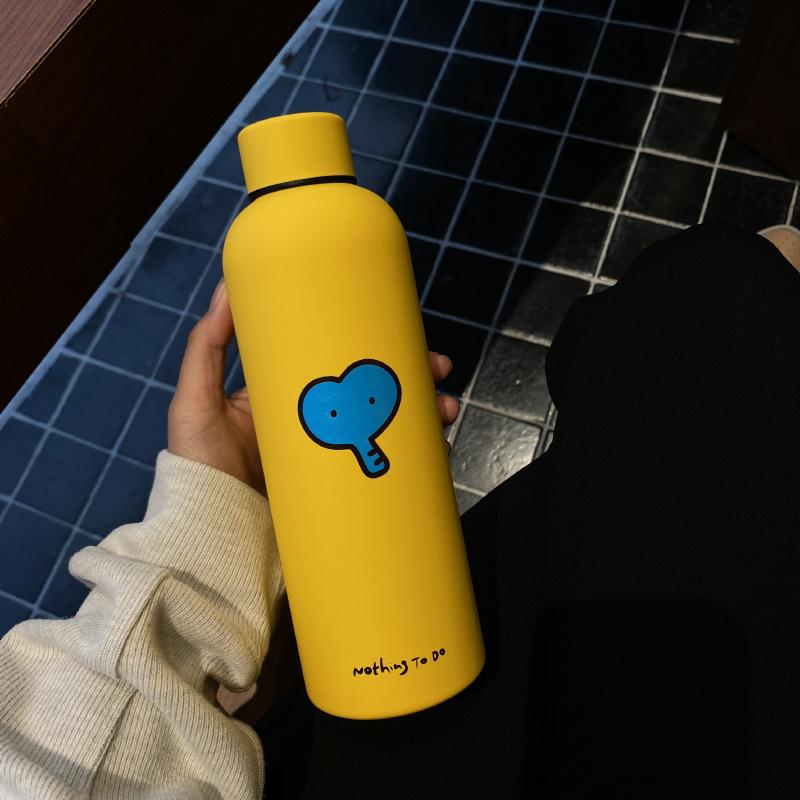 Niche Yellow Love Elephant Thermos Cup, Large-Capacity Textured Stainless Steel Water Cup, Cute Accompanying Cup 500Ml
