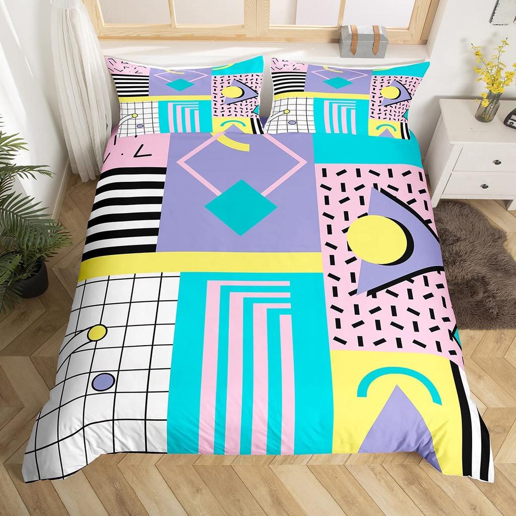 Blau Pink Memphis Bettwäscheset Bunte Abstrakte Bettbezug Hippie Hip Hop Deckenbezug Geometrisch Vintage Mode Steppdeckenbezug